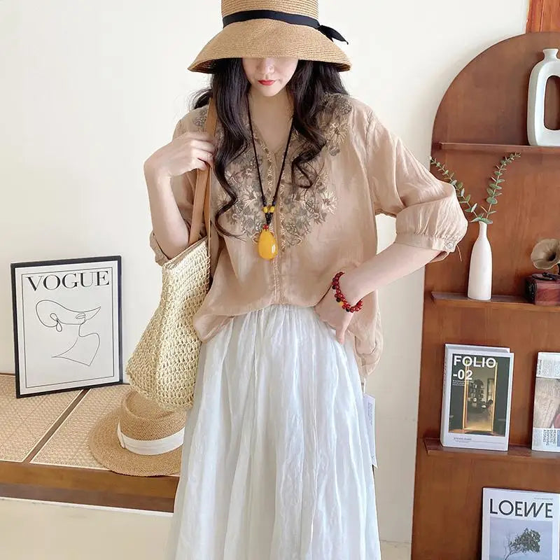 Women's Clothing Linen Blouse White V-Neck Embroidered Shourt Sleeve Loose Fit Artistic Casual Feminine Fashion