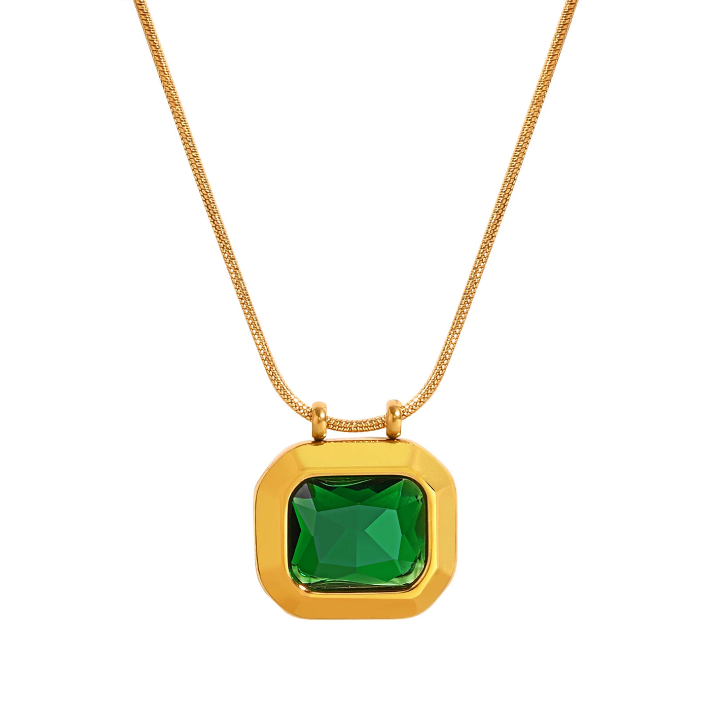 Square Solitaire Pendant Cubic Zirconia Necklace for Women, Stone Snake Link Adjustable, Stainless Steel Jewelry