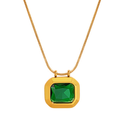 Square Solitaire Pendant Cubic Zirconia Necklace for Women, Stone Snake Link Adjustable, Stainless Steel Jewelry