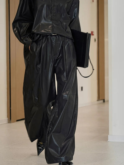 High Waist Black Glossy Casual Long Wide Leg Pants New Loose Fit Trousers Women Fashion Tide Spring Autumn 2025