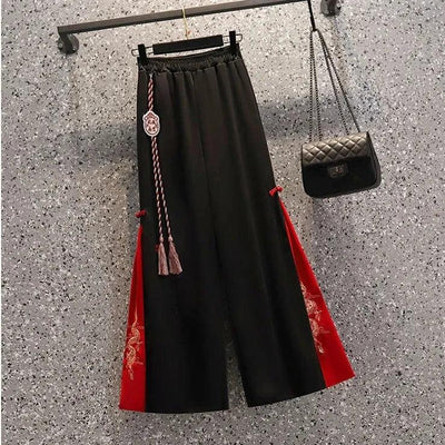 Fashion Women Trousers High Waist Wide Leg Pants Chiffon Slit Culottes Cheap Wholesale Elastic Waist Cropped Pants Free Shipping