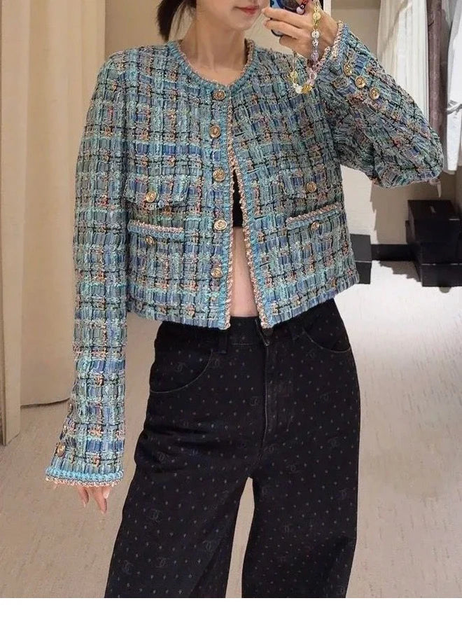 Autumn 2025 New Sle Blue een Tweed round Ne Single Button ort Quilted Jaet Women's Faion Outerwear Small Fraanc...