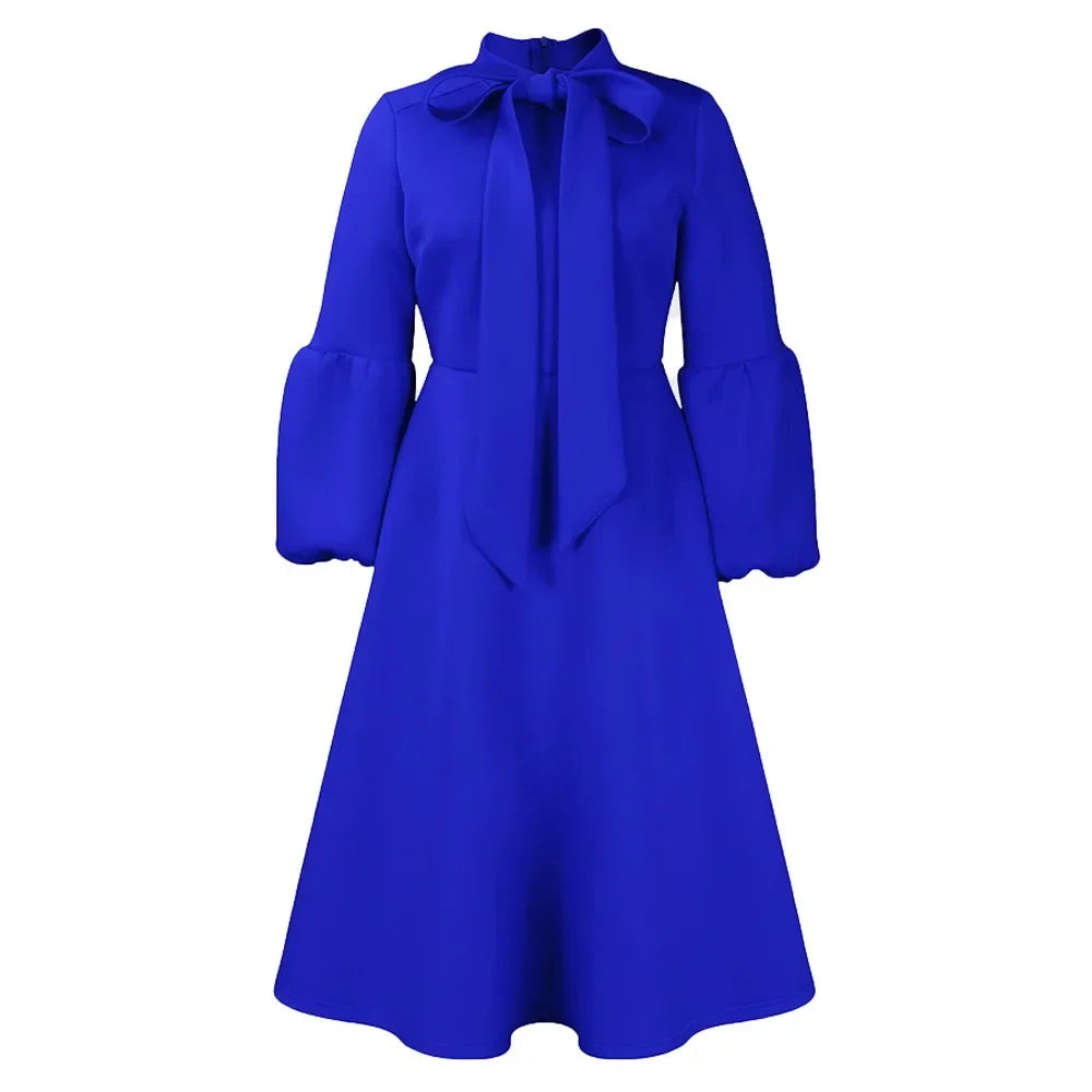 Elegant Dresses for Women Bow Collar Full Sleeve High Waisted Pleated Mid Calf Luxury Birthday Party Dinner Vestidos Mujer Dress