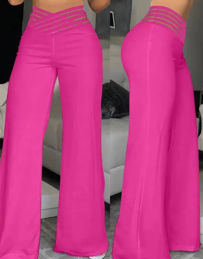 Women Wide Leg Flared Pants Autumn Casual Crisscross Sheer Mesh Patch High Waist Trousers Y2k Streetwear Elegant Work Pant