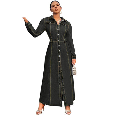Denim Dress Women Long Dresses Spring Turn Down Collar Elegant Work Splice Vestidos Single Breasted A Line Y2k Tops Streetwear