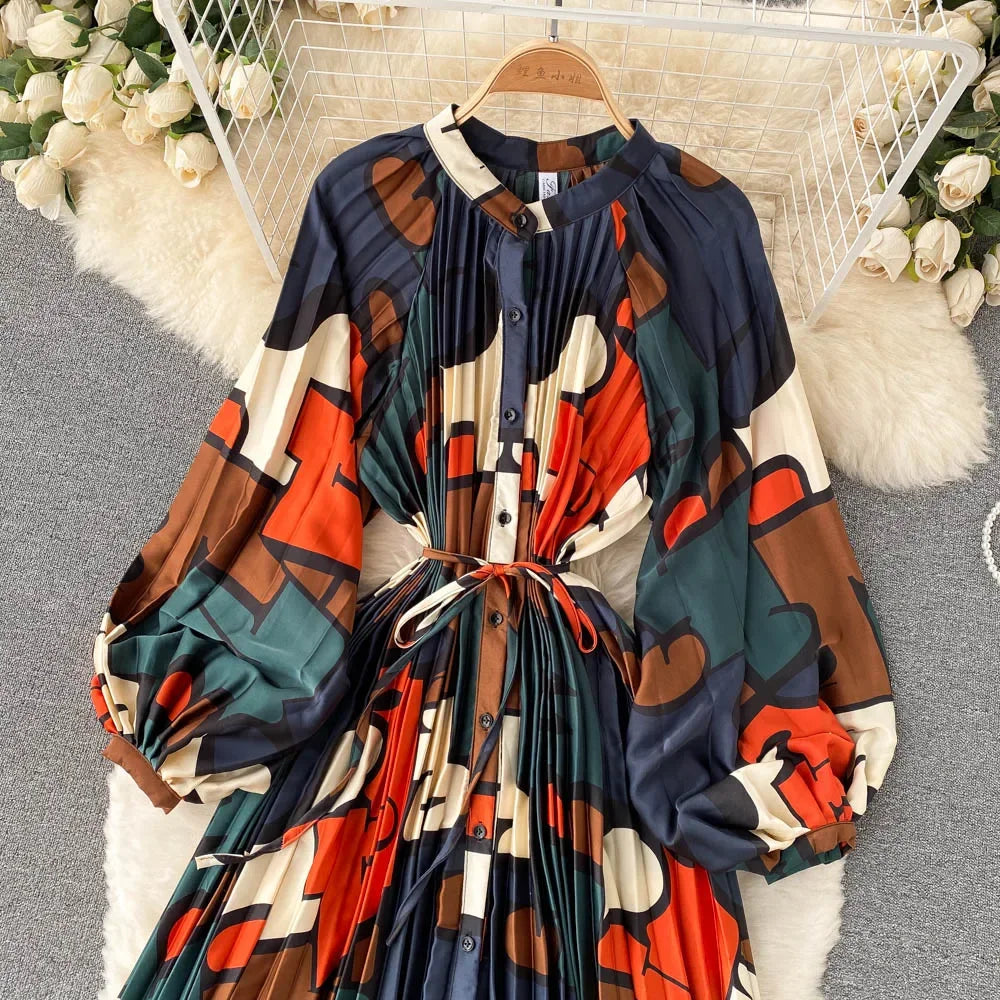 Retro Print Elegant Pleated Lace-up Chiffon Long Sleeve Dress A-line Blouse French Casual V-neck High Waist Women Summer Dresses