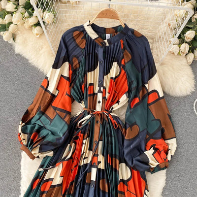 Retro Print Elegant Pleated Lace-up Chiffon Long Sleeve Dress A-line Blouse French Casual V-neck High Waist Women Summer Dresses