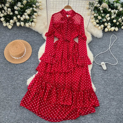 Dot Dress Women Long Dresses Print Chiffon Lace Up Flare Sleeve A Line Vestidos Streetwear Elegant Splice Y2k High Waist Party