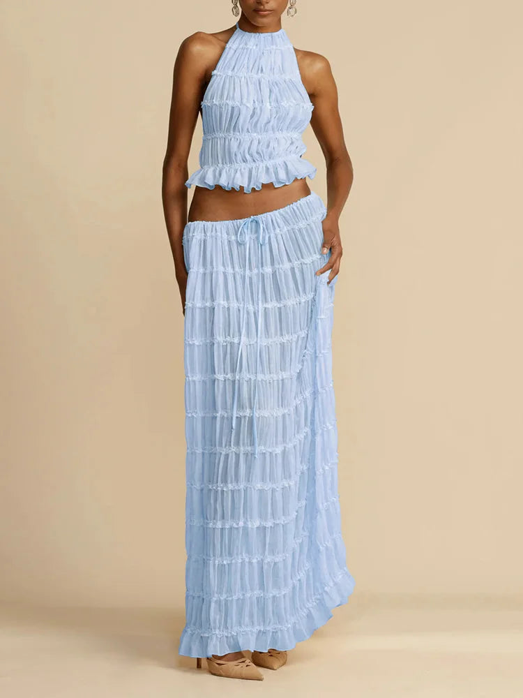 2025 Women Summer Loungewear Suits, Halter Short Top Maxi Skirts 2PCS Matching Sets, White Color Fashion Backless Ladies Outfit