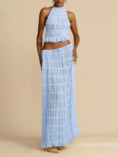 2025 Women Summer Loungewear Suits, Halter Short Top Maxi Skirts 2PCS Matching Sets, White Color Fashion Backless Ladies Outfit