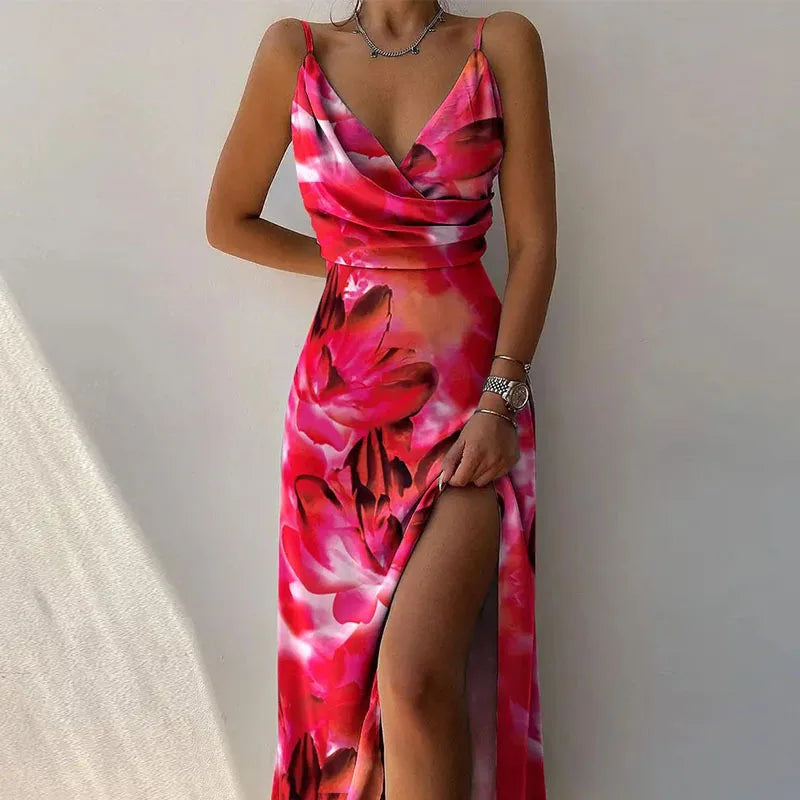 Summer Print Dresses For Women 2025 New Fashion Sexy Sleeveless Suspender V-neck Slit Print Slim Elegant Dress Beach Dresses Hot