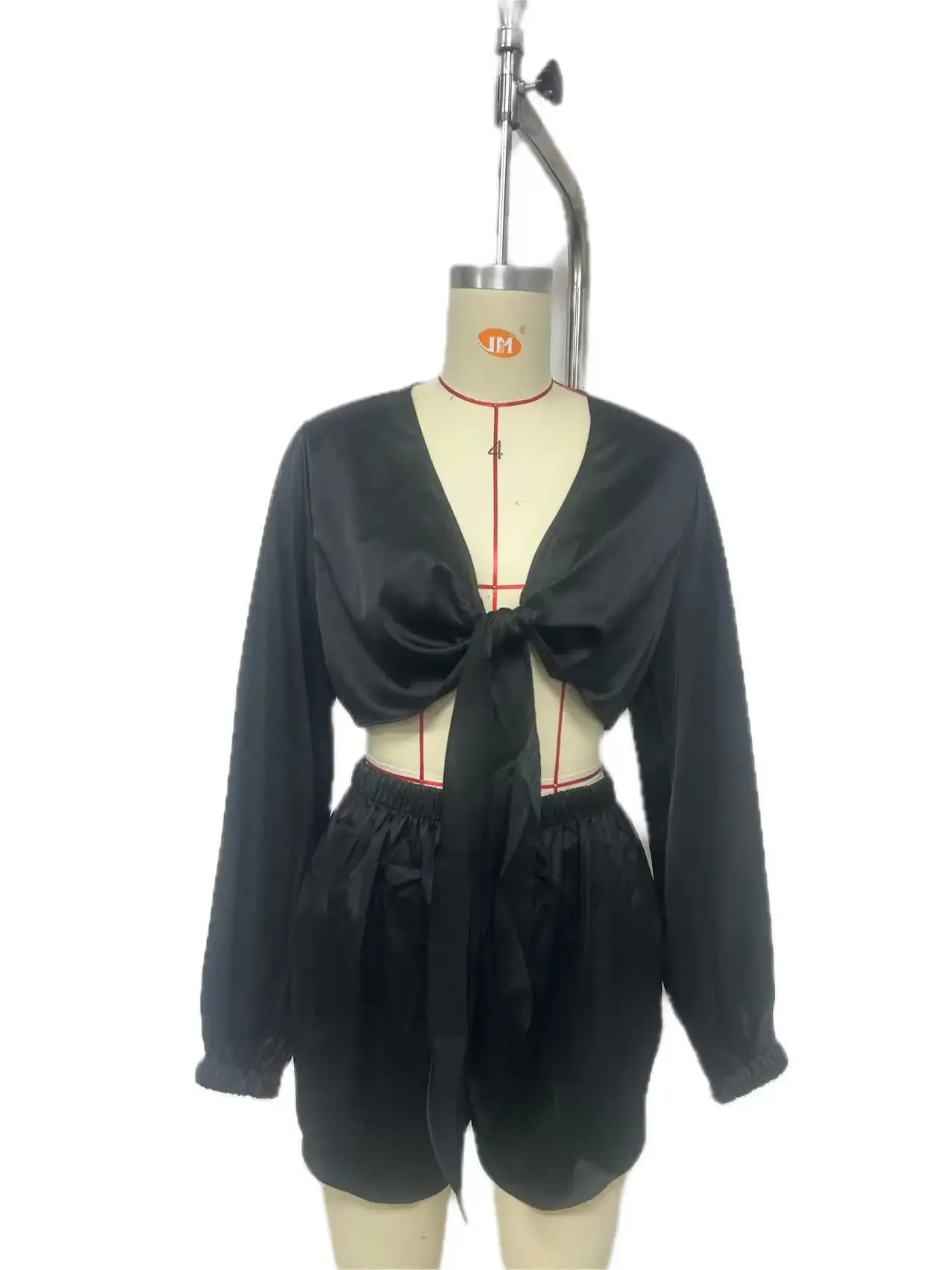 Women s Two Piece Outfits Low Cut Tie Front Pajamas Set Summer Long Sleeve Shorts Loungewear Set