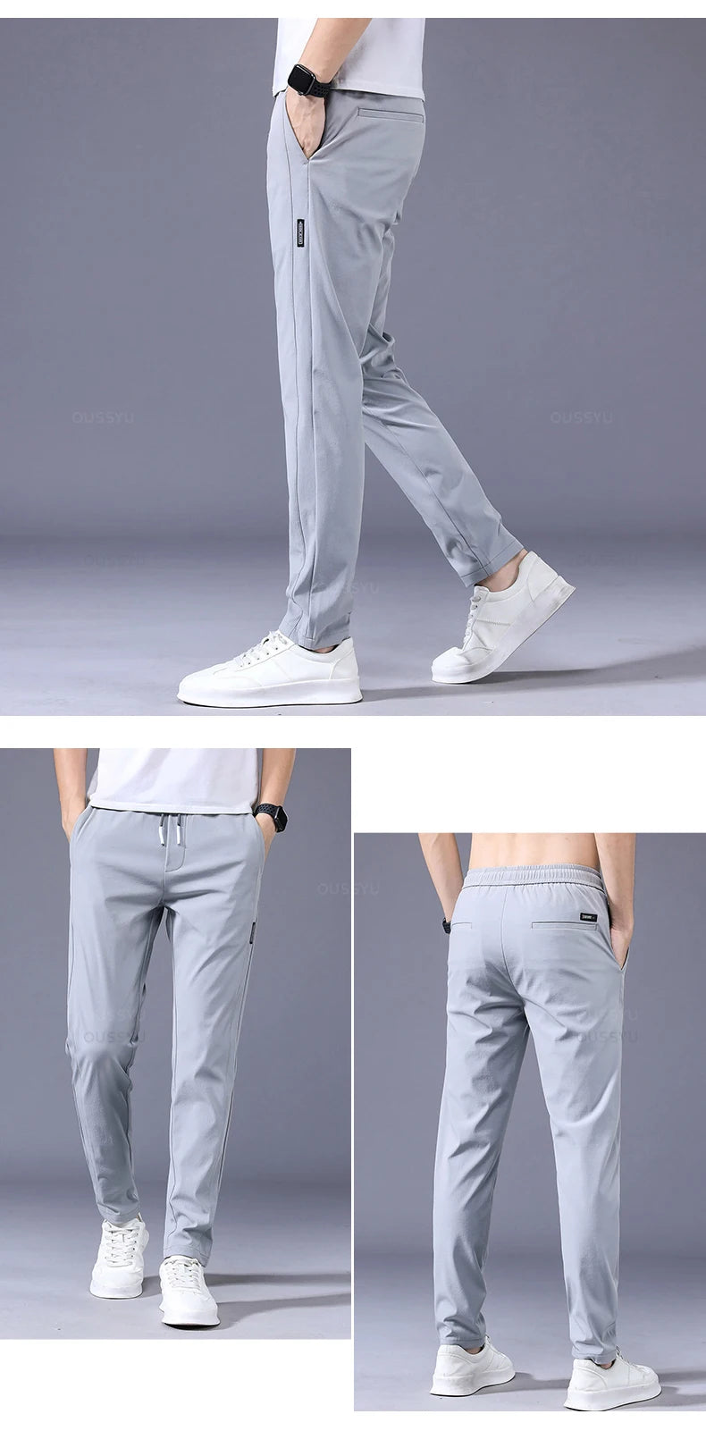2025 Men's Trousers Spring Summer New Thin Green Solid Color Fashion Pocket Applique Full Length Casual Work Pants Pantalon