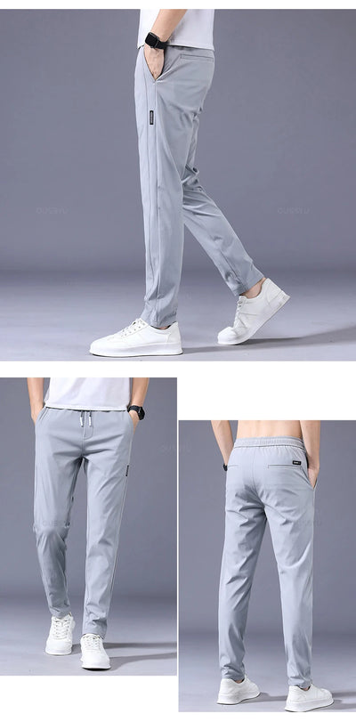2025 Men's Trousers Spring Summer New Thin Green Solid Color Fashion Pocket Applique Full Length Casual Work Pants Pantalon