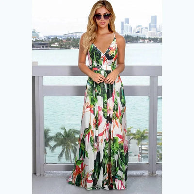 Floral Dress Women's Summer Dress Sexy Backless V-neck Suspender Long Dress