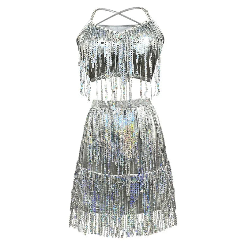 Adult Women Latin Dance Dress Halter Crop Top Glitter Fringe Half Skirt Stage Costume Sexy Gold Sliver Black Red