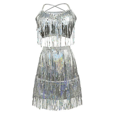 Adult Women Latin Dance Dress Halter Crop Top Glitter Fringe Half Skirt Stage Costume Sexy Gold Sliver Black Red
