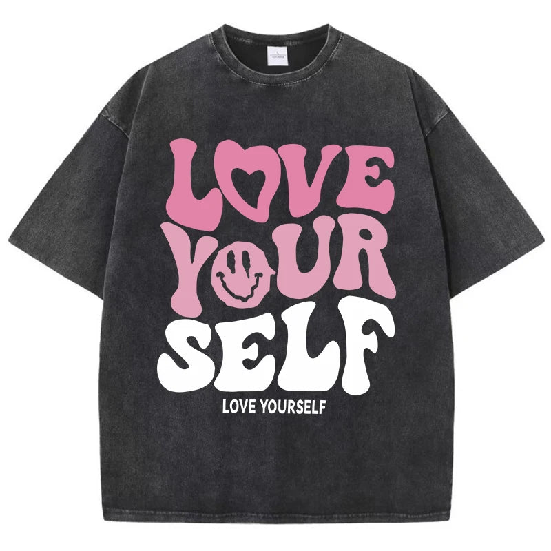 Women'S Cotton Washed T-Shirts Trend Distressed Loose Tees Love Your Self Letter Printing Short Sleeve Summer Female Clothes