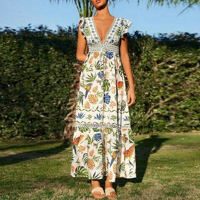 Women Summer Dress Elegant Floral Print Loose Hem Maxi Dress Spring V Neck Butterfly Sleeve Bohemian Holiday Dress Vestido Mujer