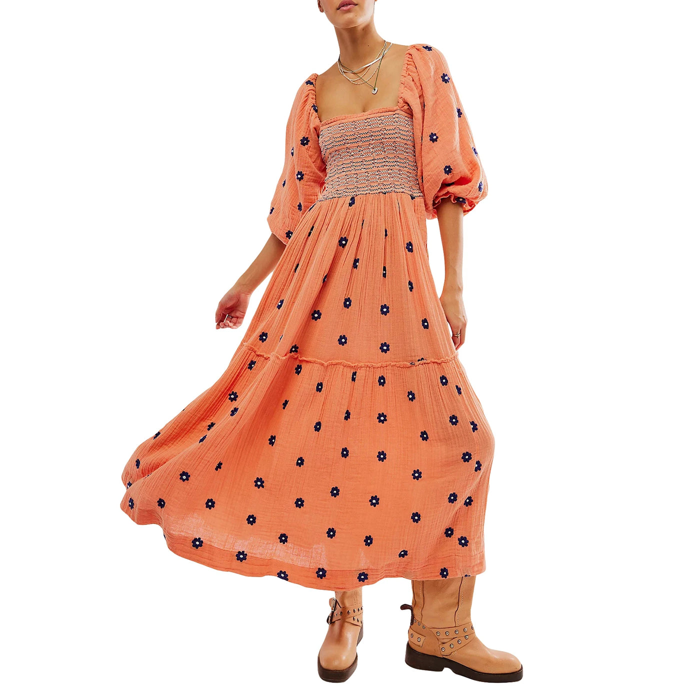 Women Summer Casual Long Dress 3D Embroidered Flowers Square Neck Puff Sleeve Dress Fashion Backless A-line Dress