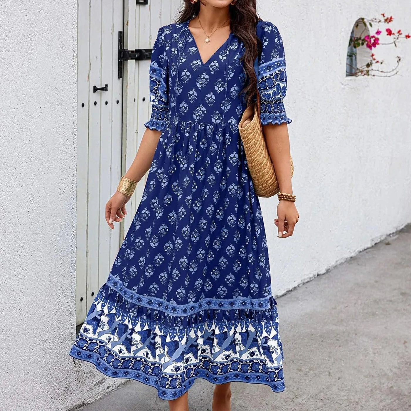 dresses for women Fashion summer Casual long dresses Bohemian V-Neck Printed High Waisted Big Swing Dress vestidos cortos