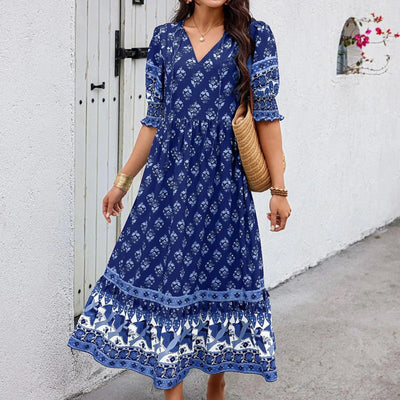 dresses for women Fashion summer Casual long dresses Bohemian V-Neck Printed High Waisted Big Swing Dress vestidos cortos