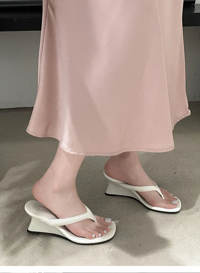 Women High-heeled Slippers 2025 Summer Clip Toe Flip Flop Fashion Pumps French Wedge Sandals Square Toe Ladies Shoes Sandalias