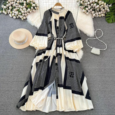 Retro Elegant Sashes O Neck Single Breasted Print Dresses Long Lantern Sleeves A-line Casual High Waist Women Autumn Clothing