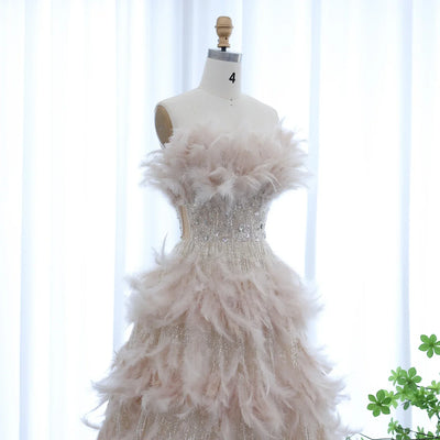Sharon Said Luxury Dubai Feathers Princess Ball Gown Cream Evening Dress for Women Wedding Engament Party Dress SS732 Customized