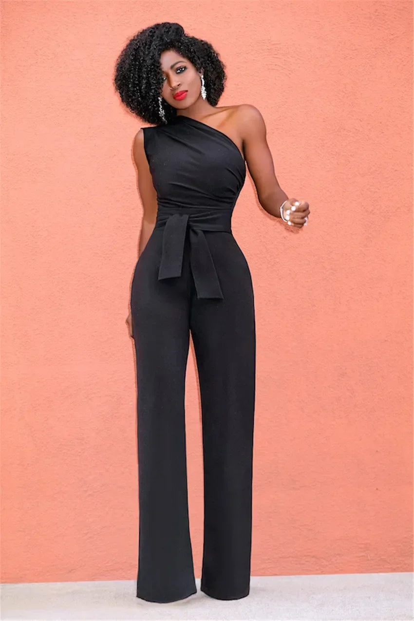 Women's Jumpsuit Solid Skew Collar Crop Top Straight Pants Belt Sexy Sleeveless Loose Pants Elegant Charming Playsuits 2024