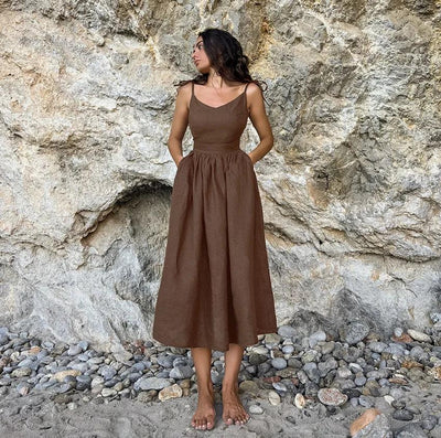 Cotton Linen Solid Color Spaghetti Strap Dresses Women Fashion Leace-up V-neck Backless Beach Vacation Long Dress Female New