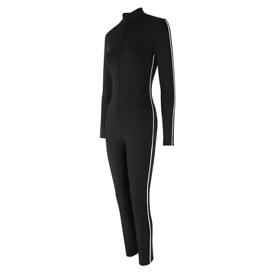 Women New Jumpsuits Spring Fashion Streetwear Long Sleeves Half High Collar Bodycon Striped Rompers Black Sexy Female Jumpsuits