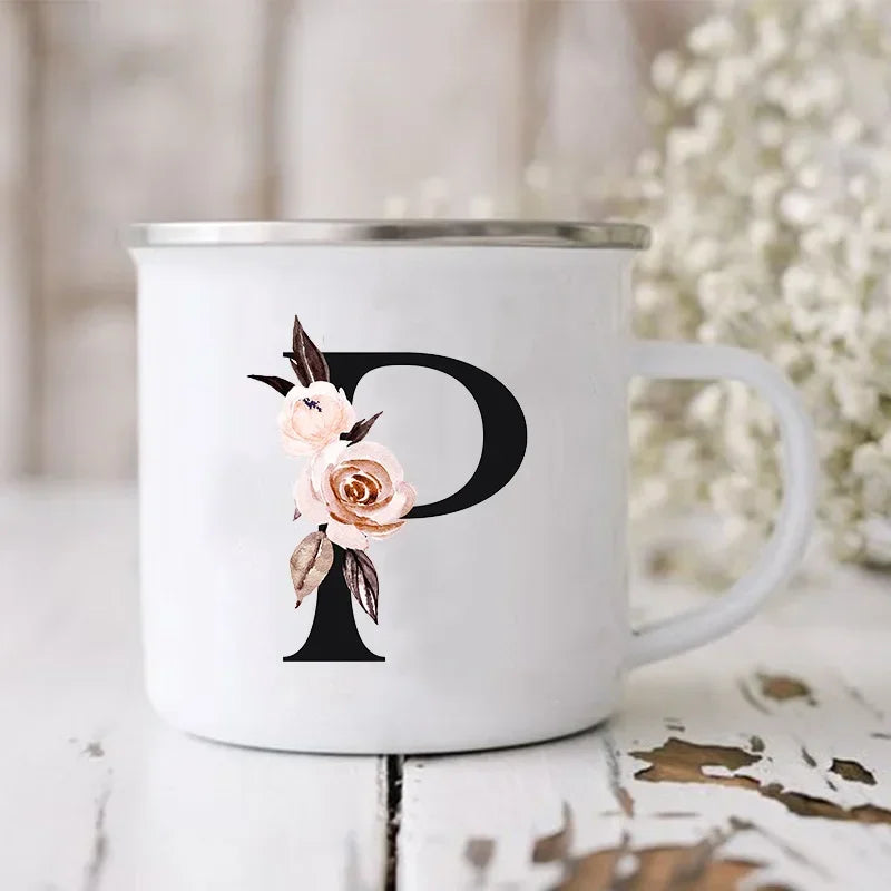 Initial Letter Print Mugs Enamel Creative Coffee Cups Drinks Wine Juice Milk Cup Vintage Home Office Handle Drinkware Best Gifts