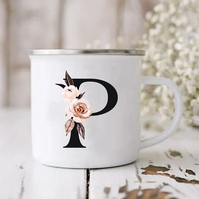 Initial Letter Print Mugs Enamel Creative Coffee Cups Drinks Wine Juice Milk Cup Vintage Home Office Handle Drinkware Best Gifts