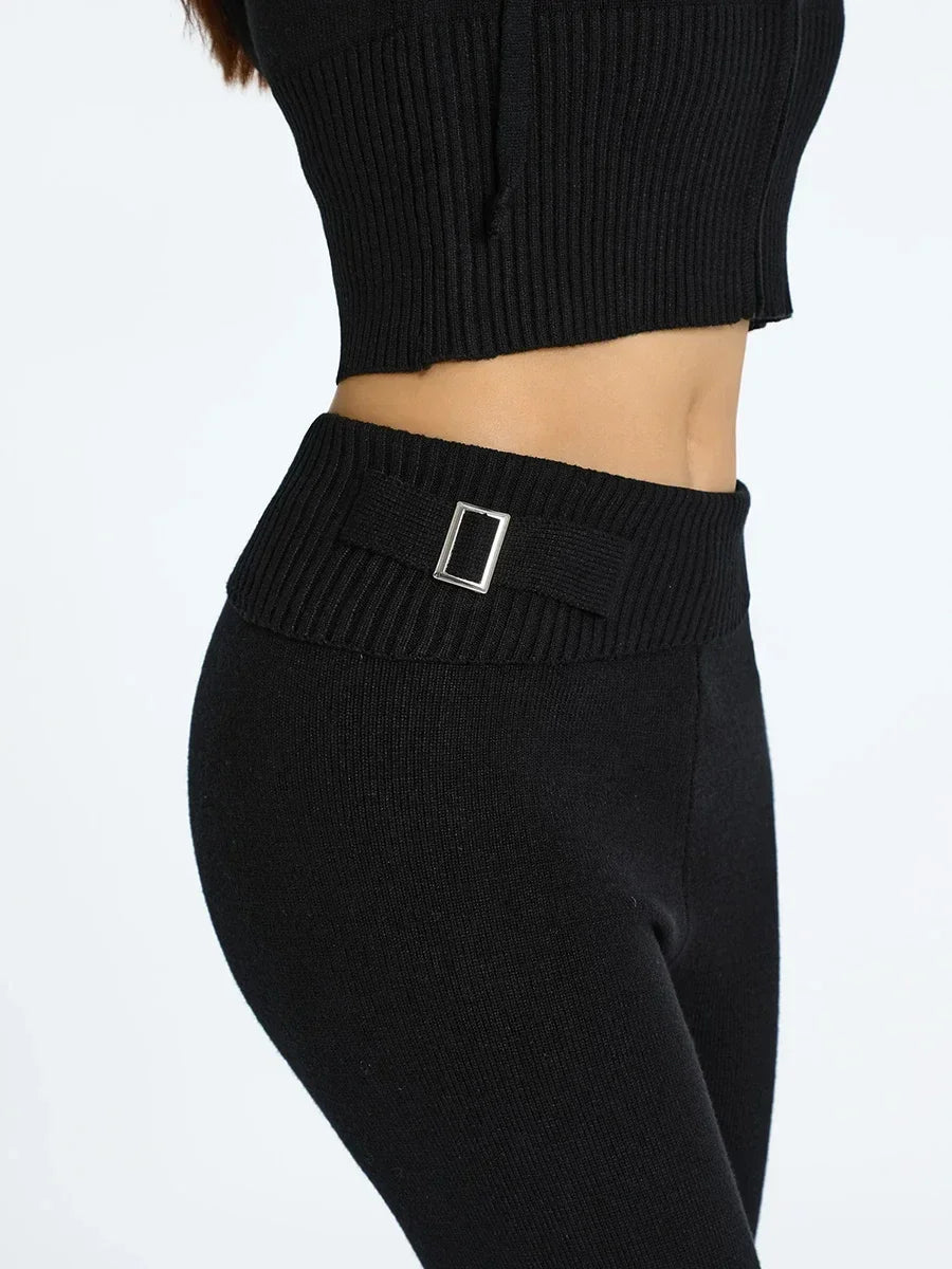 Women Tracksuit  Knit Lounge Set Long Sleeve Zip Up Hoodie with High Waist Wide Leg Pant 2 Piece Sweater Ensemble Casual Set