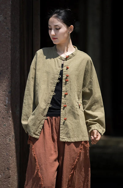 Cotton Linen Women's Literary Vintage Ramie Tops Shirt Women's Patchwork Colour Plate Button Lapel Cardigan Jacket Chinese Style