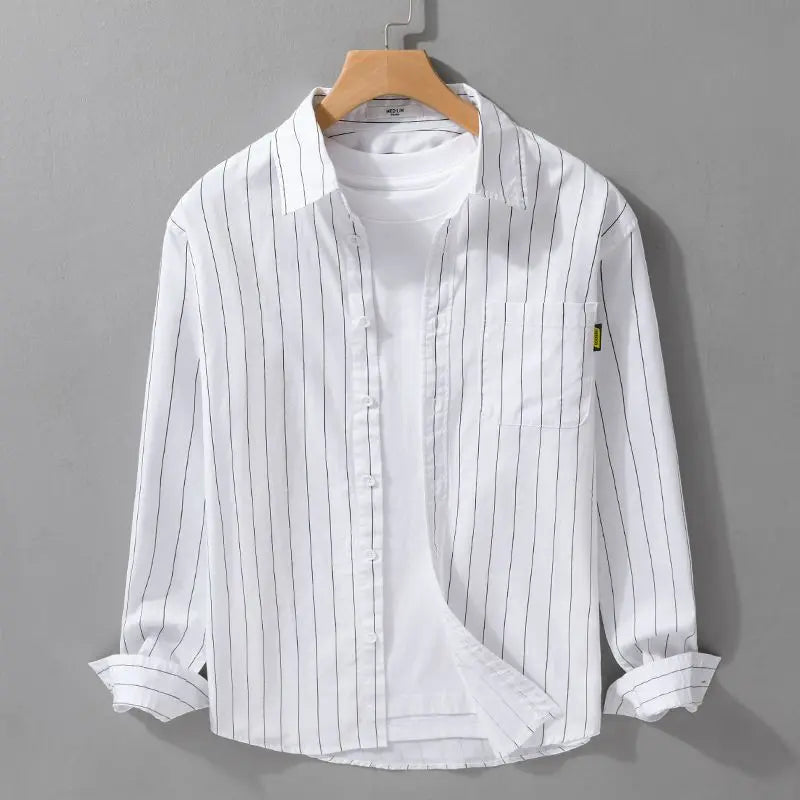 Polo Neck Striped Plus Size High Street Blouse Men's Spring Autumn Ong Sleeve Loose Fashion Shirt Tops Trend Korean Men Clothing