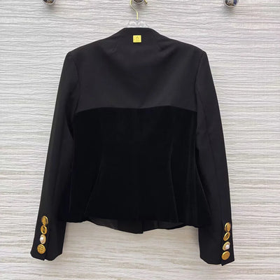 2025 New Autumn Black Velvet Wrapped Chest Panel Design Office Lady Jacket Women V-neck Long Sleeve Gold Eye Button Elegant Coat