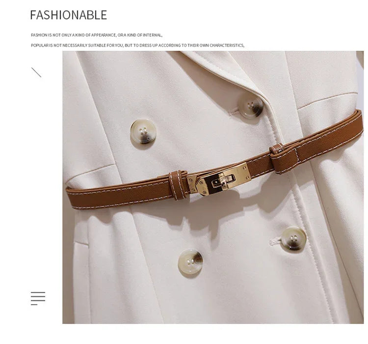 Women's Dress Double Breasted Elegant Dresses for Women 2025 Autumn Off white Dress Belt Knee-Length Solid Fashion Woman Clothes