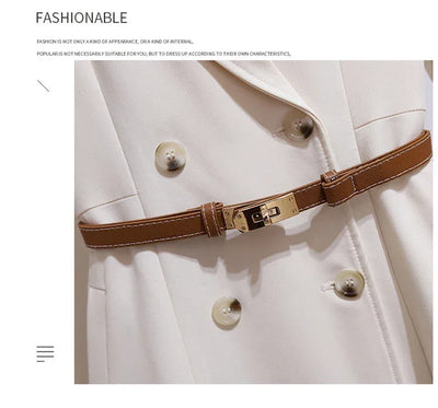 Women's Dress Double Breasted Elegant Dresses for Women 2025 Autumn Off white Dress Belt Knee-Length Solid Fashion Woman Clothes