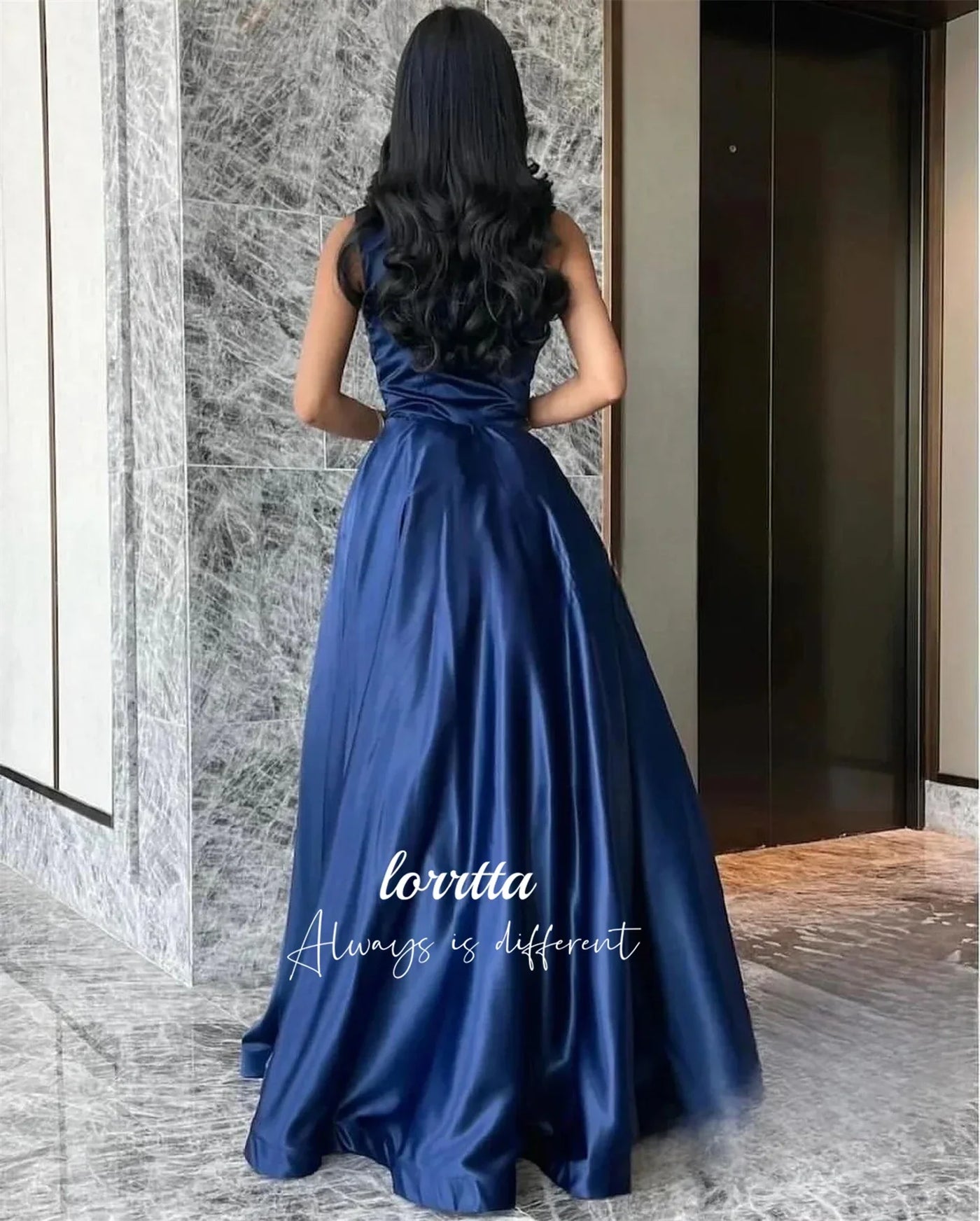 Luxury Woman Women's Evening Dress Dark Blue Satin Glitter Trim Line A Graduation Dresses Party Elegant Prom Wedding Customized