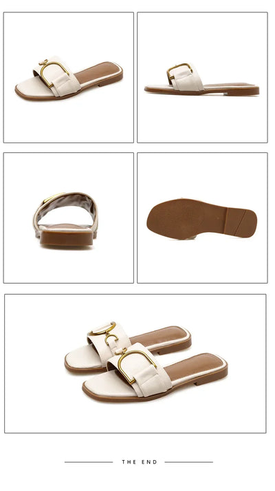 Summer Women Slippers Leather Square Toe Women Flats Flip Flops Designer Ladies Slides Sandals Women Shoes Luxury Sandals