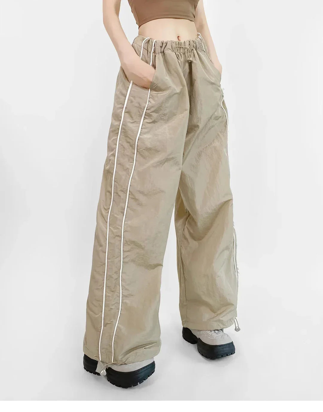 Women's Wide-Leg Joggers Adjustable Ankle Cuffs Side Stripes Drawstring Waist Lightweight Streetwear