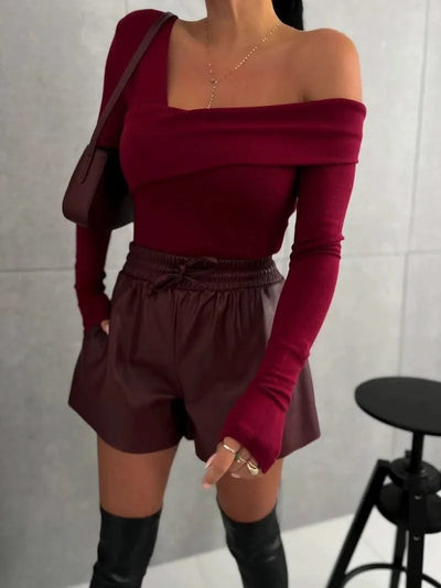 Black Sexy Tops Off Shoulder Long Sleeve T-shirt Women's