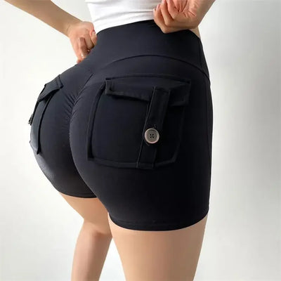 Shorts Women Solid Yoga Pants Pocket Button Short Pant Slim Fit Trousers Wrap Hip Splice Sporty High Waist Lady Summer