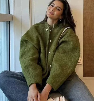 Woman's Oversized Bomber Jacket Autumn New Round Neck Long Sleeve Pocket Hidden Button Loose Jackets Coat Female Outerwear