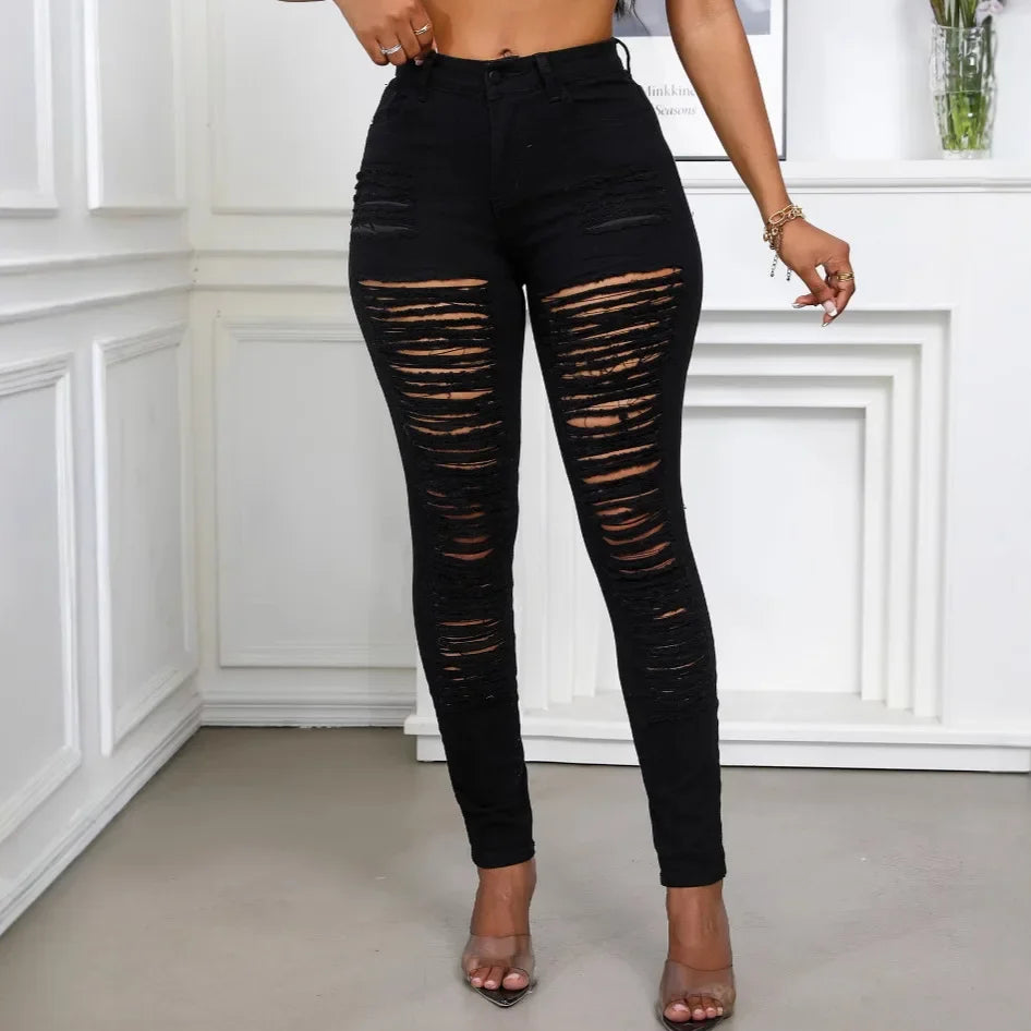 Women's Spring and Fall Fashion Elastic Ripped Jeans Women Casual Close-fitting High-waisted Denim Small Leg Pants Pencil Pants