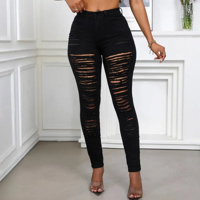 Women's Spring and Fall Fashion Elastic Ripped Jeans Women Casual Close-fitting High-waisted Denim Small Leg Pants Pencil Pants