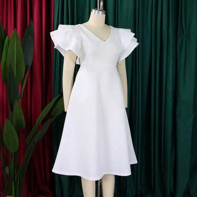 Elegant Party Dresses for Women V Neck Ruffles Sleeve High Waisted A Line Mid Calf Luxury Birthday Dinner Vestidos Mujer Dress