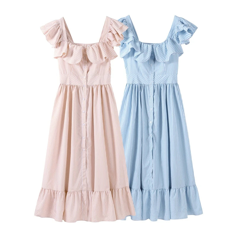 Ruffle Dress Women Fashion Backless A Line Slim Waist Striped Robe Female Flying Sleeves Buttons 2025 Summer Elegant Streetwear